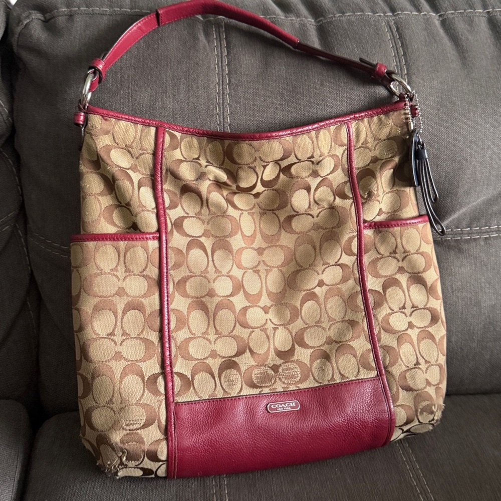 Coach Signature Canvas Hobo Bag in Tan and Red